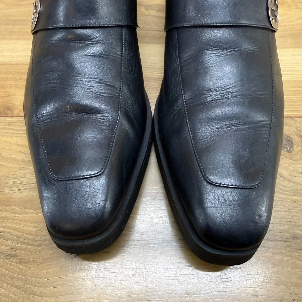 GUCCI Broadwick GG Medallion Mens 10.5 D Black Leather Square Toe Dress Formal